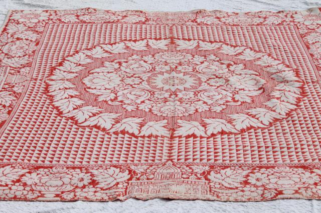 photo of old antique turkey red & white homespun coverlet bedspread, woven cotton & wool bed cover #9