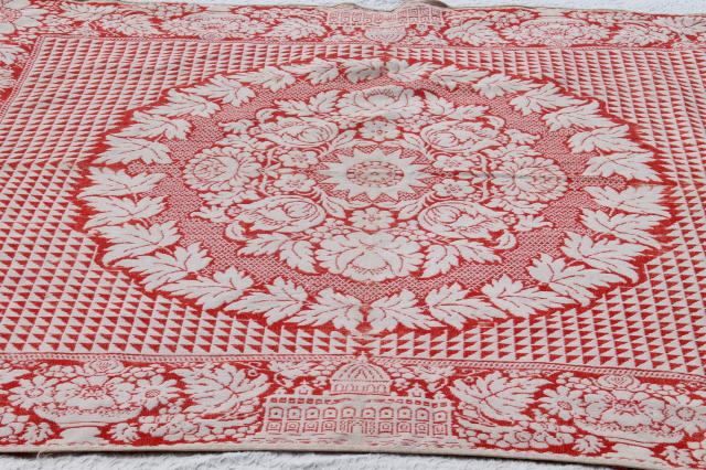 photo of old antique turkey red & white homespun coverlet bedspread, woven cotton & wool bed cover #10