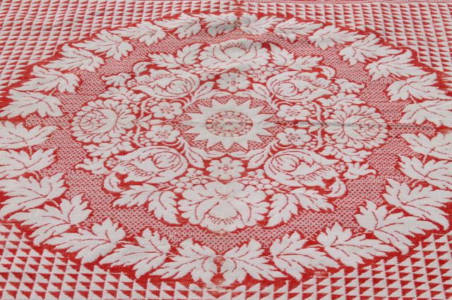 photo of old antique turkey red & white homespun coverlet bedspread, woven cotton & wool bed cover #11