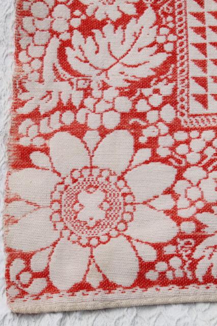 photo of old antique turkey red & white homespun coverlet bedspread, woven cotton & wool bed cover #14