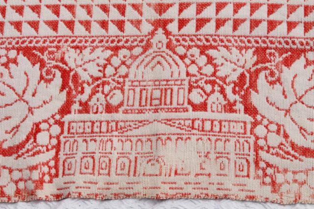 photo of old antique turkey red & white homespun coverlet bedspread, woven cotton & wool bed cover #15