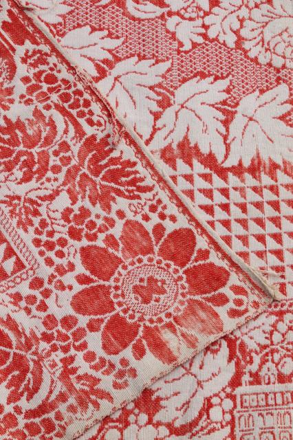 photo of old antique turkey red & white homespun coverlet bedspread, woven cotton & wool bed cover #16