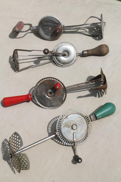 photo of old, antique, vintage eggbeaters, hand-crank rotary egg beater collection #9