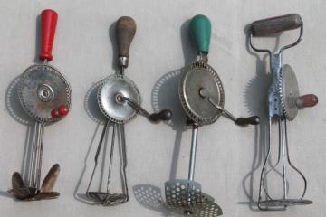 catalog photo of old, antique, vintage eggbeaters, hand-crank rotary egg beater collection