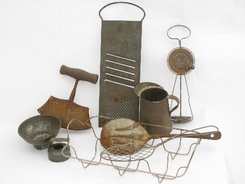 photo of old antique vintage kitchenware, lot primitive wire / rusty metal kitchen utensils #1