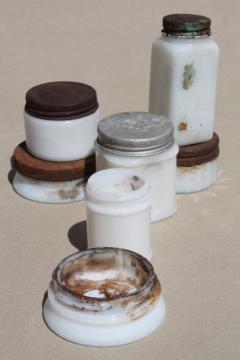 catalog photo of old antique vintage milk glass jars & ointment pots, as found dug bottles lot