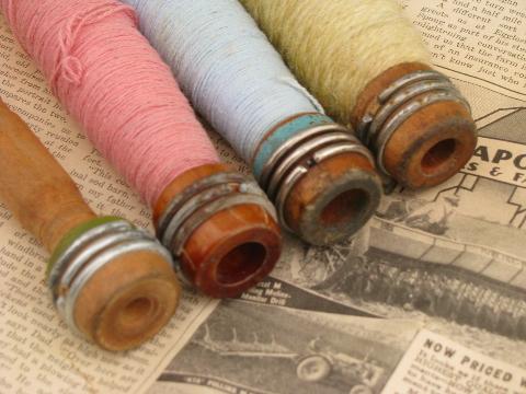 photo of old antique vintage wood knitting mill spindle spool lot, large spools #6