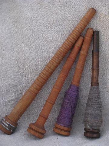 photo of old antique vintage wood knitting mill spindle spool lot, large spools #4