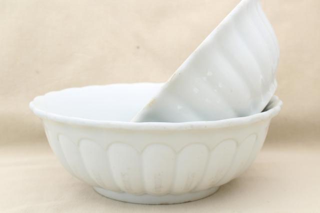 photo of old antique white ironstone china bowls, heavy round fluted bowl stack, 1880s vintage #1