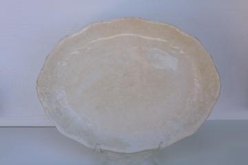 old antique white ironstone china platter, browned stained patina, beautiful crazing 