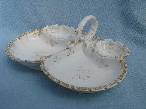 photo of old antique white porcelain shell oyster dish, divided plate w/ handle #1