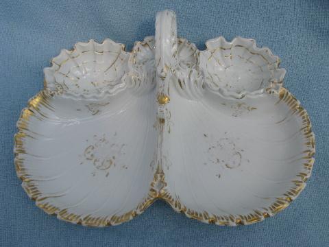 photo of old antique white porcelain shell oyster dish, divided plate w/ handle #2