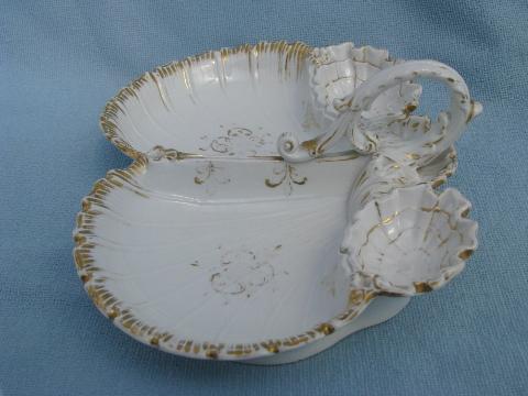 photo of old antique white porcelain shell oyster dish, divided plate w/ handle #3