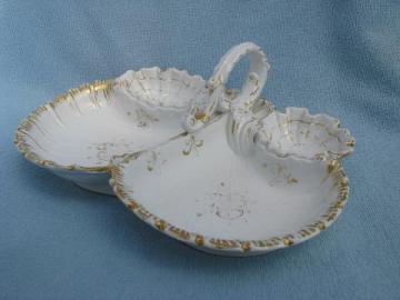 catalog photo of old antique white porcelain shell oyster dish, divided plate w/ handle