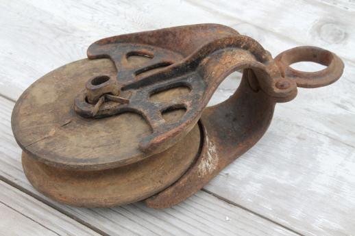 photo of old antique wood wheel pulley w/ iron hardware, barn block & tackle pulley #2