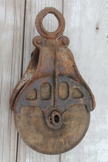 photo of old antique wood wheel pulley w/ iron hardware, barn block & tackle pulley #3