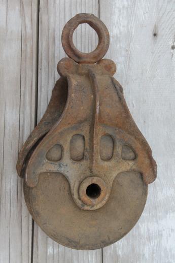 photo of old antique wood wheel pulley w/ iron hardware, barn block & tackle pulley #4