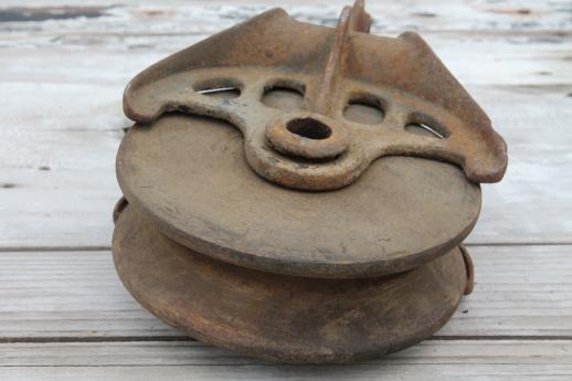 photo of old antique wood wheel pulley w/ iron hardware, barn block & tackle pulley #6