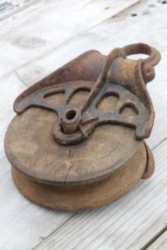 catalog photo of old antique wood wheel pulley w/ iron hardware, barn block & tackle pulley