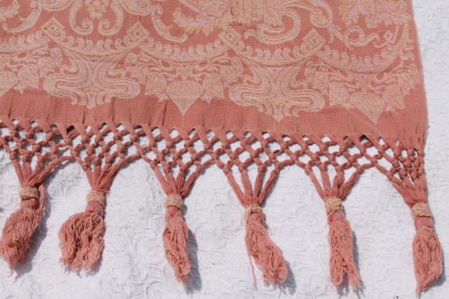 photo of old antique woven cotton jacquard drapery panels, aesthetic vintage portieres, drapes w/ tassels #4