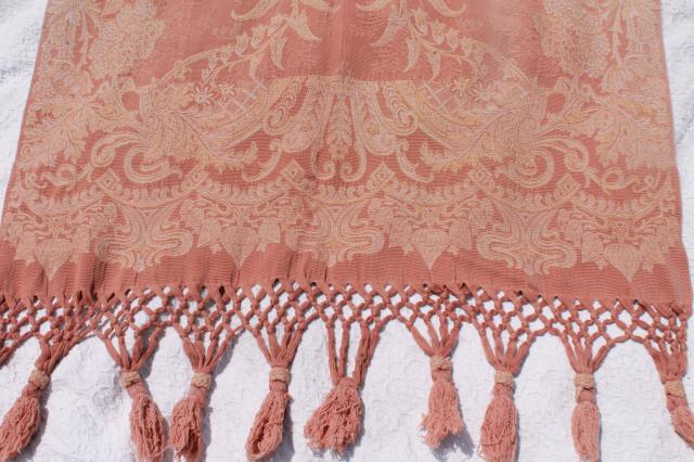 photo of old antique woven cotton jacquard drapery panels, aesthetic vintage portieres, drapes w/ tassels #8