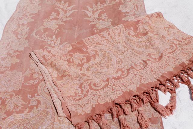 photo of old antique woven cotton jacquard drapery panels, aesthetic vintage portieres, drapes w/ tassels #12