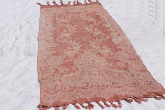 photo of old antique woven cotton jacquard drapery panels, aesthetic vintage portieres, drapes w/ tassels #15