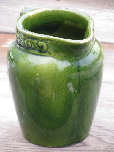 photo of old antique yellow ware pottery milk pitcher, spinach green glaze #2