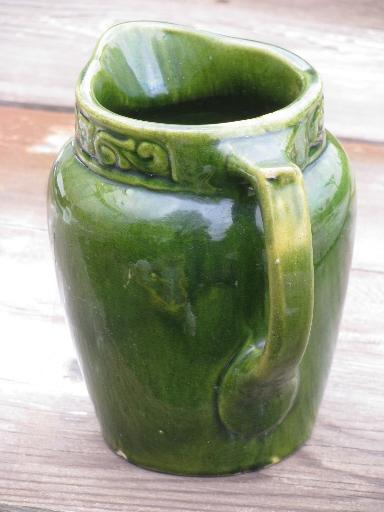 photo of old antique yellow ware pottery milk pitcher, spinach green glaze #3