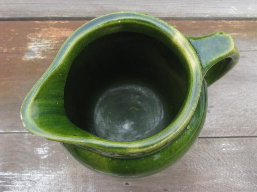 photo of old antique yellow ware pottery milk pitcher, spinach green glaze #4