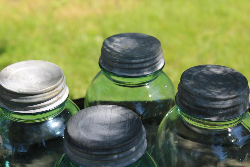 photo of old aqua blue glass canning / canister jars, vintage Ball two quart mason jars w/ zinc lids #2