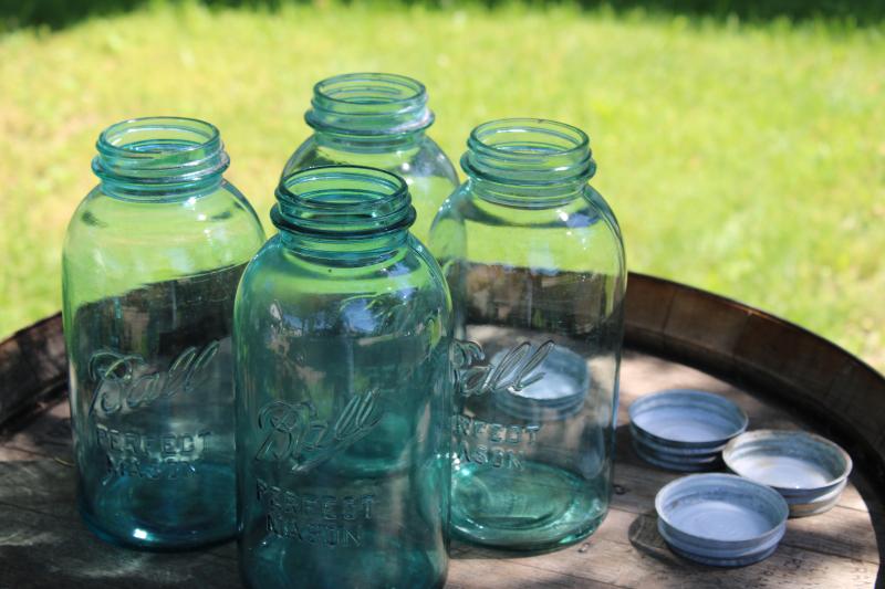 photo of old aqua blue glass canning / canister jars, vintage Ball two quart mason jars w/ zinc lids #3