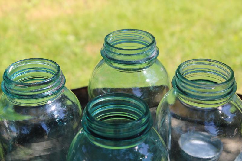 photo of old aqua blue glass canning / canister jars, vintage Ball two quart mason jars w/ zinc lids #4