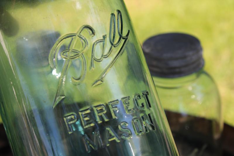 photo of old aqua blue glass canning / canister jars, vintage Ball two quart mason jars w/ zinc lids #5