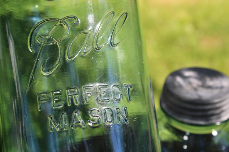 photo of old aqua blue glass canning / canister jars, vintage Ball two quart mason jars w/ zinc lids #8