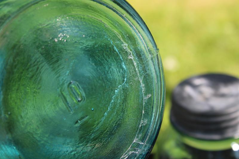 photo of old aqua blue glass canning / canister jars, vintage Ball two quart mason jars w/ zinc lids #9