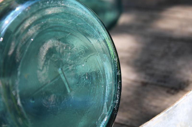 photo of old aqua blue glass canning / canister jars, vintage Ball two quart mason jars w/ zinc lids #10