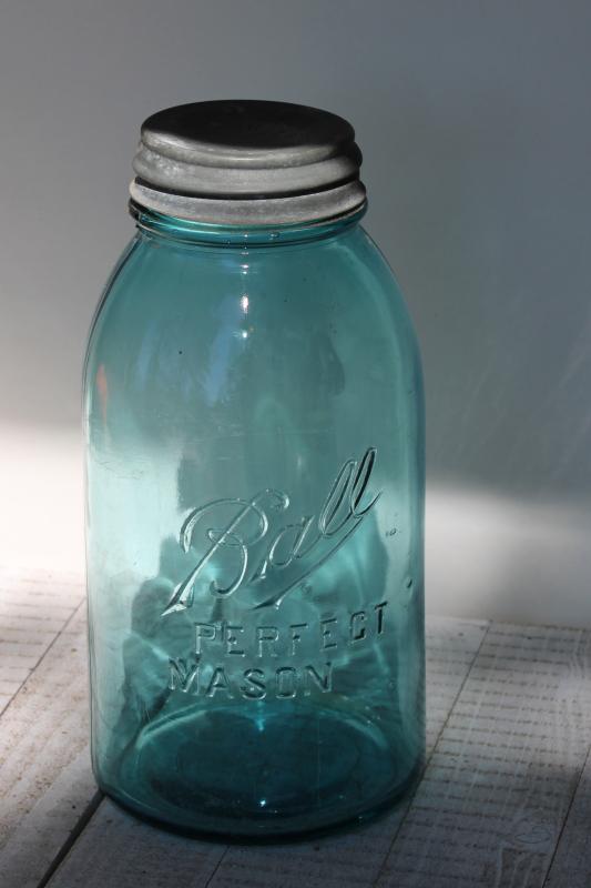 photo of old aqua blue glass canning jar, two quart Ball Perfect Mason slope shoulder jar w/ lid #1