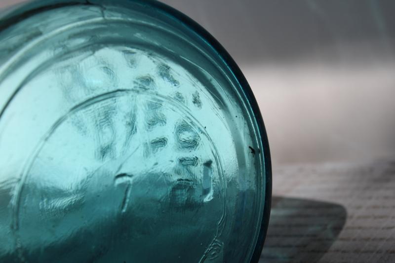 photo of old aqua blue glass canning jar, two quart Ball Perfect Mason slope shoulder jar w/ lid #3