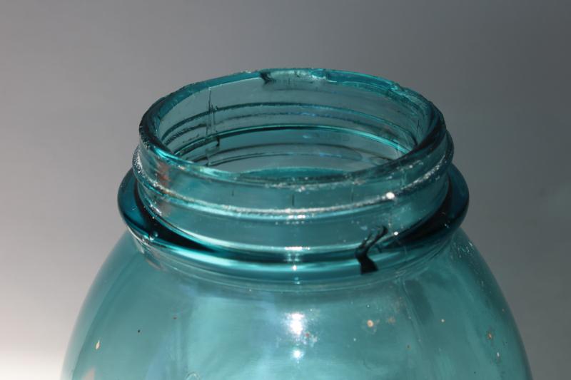 photo of old aqua blue glass canning jar, two quart Ball Perfect Mason slope shoulder jar w/ lid #4