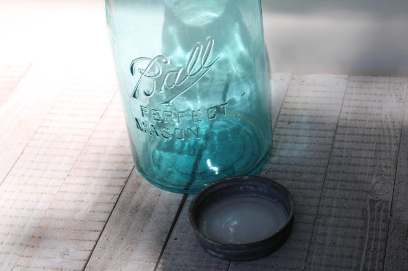 photo of old aqua blue glass canning jar, two quart Ball Perfect Mason slope shoulder jar w/ lid #7