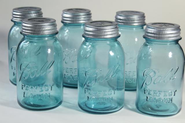 photo of old aqua blue glass canning jars, authentic vintage Ball mason jars w/ zinc lids #1