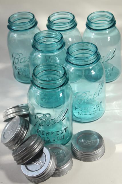 photo of old aqua blue glass canning jars, authentic vintage Ball mason jars w/ zinc lids #2