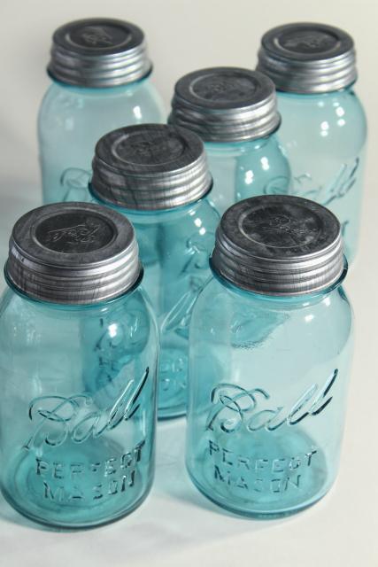 photo of old aqua blue glass canning jars, authentic vintage Ball mason jars w/ zinc lids #3