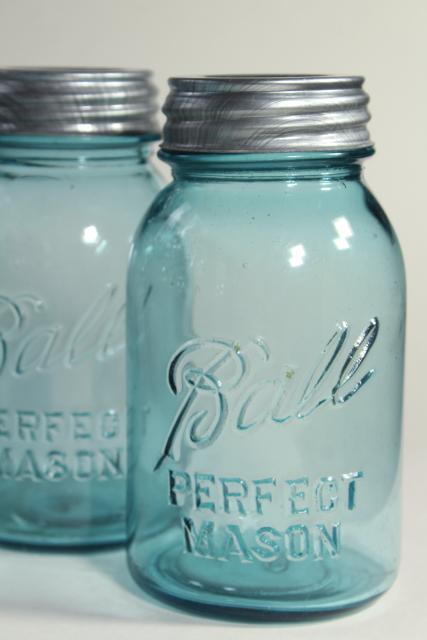 photo of old aqua blue glass canning jars, authentic vintage Ball mason jars w/ zinc lids #4