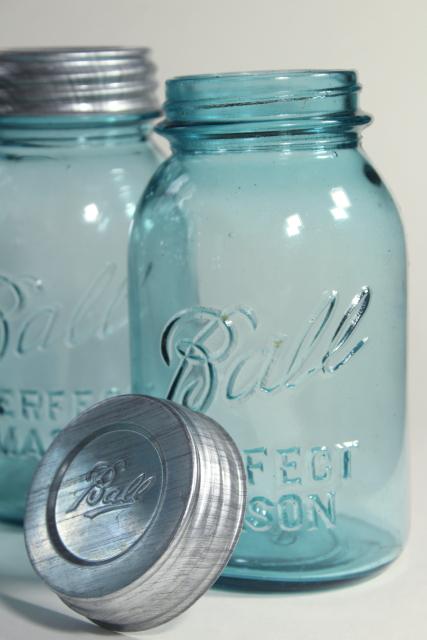 photo of old aqua blue glass canning jars, authentic vintage Ball mason jars w/ zinc lids #5