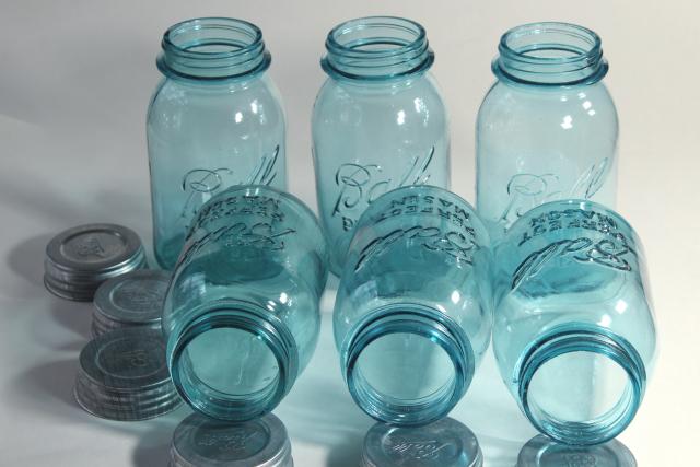 photo of old aqua blue glass canning jars, authentic vintage Ball mason jars w/ zinc lids #6