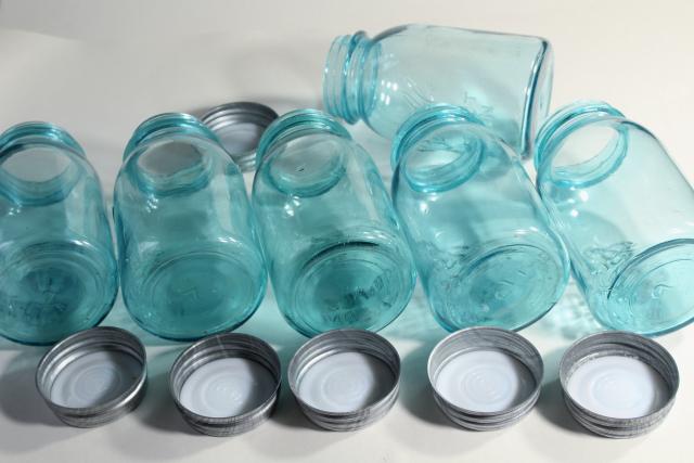 photo of old aqua blue glass canning jars, authentic vintage Ball mason jars w/ zinc lids #7