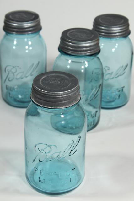 photo of old aqua blue glass canning jars, authentic vintage Ball mason jars w/ zinc lids #1