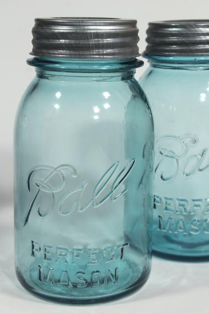 photo of old aqua blue glass canning jars, authentic vintage Ball mason jars w/ zinc lids #2